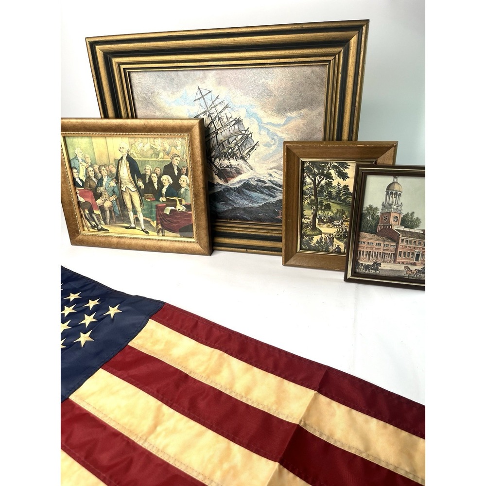 Vintage Gallery Wall Art Lot Starter Curated Frames 4 Pieces Americana Cottage